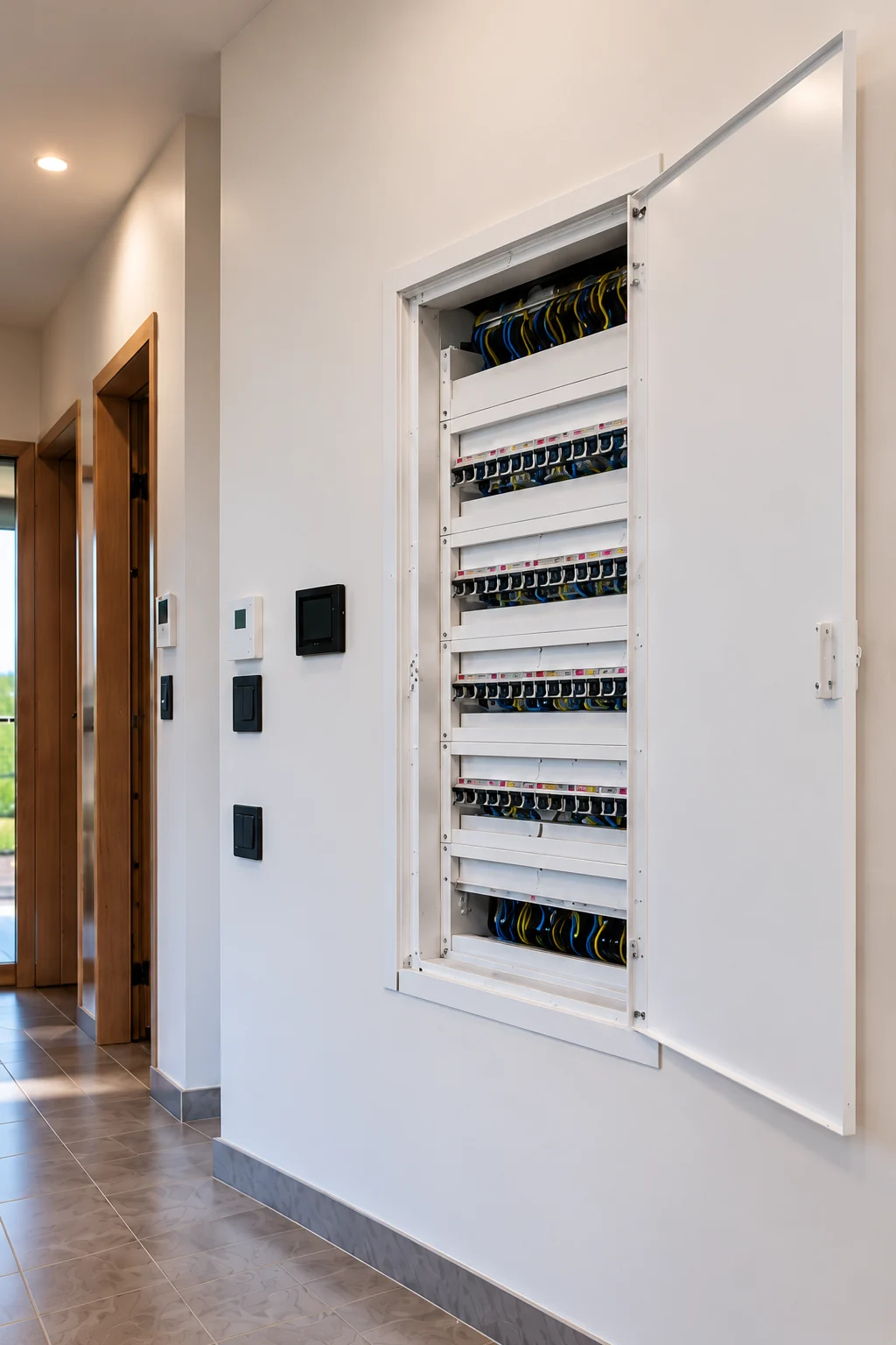 Wizualizacja rozdzielnicy elektrycznej w wykończonym korytarzu